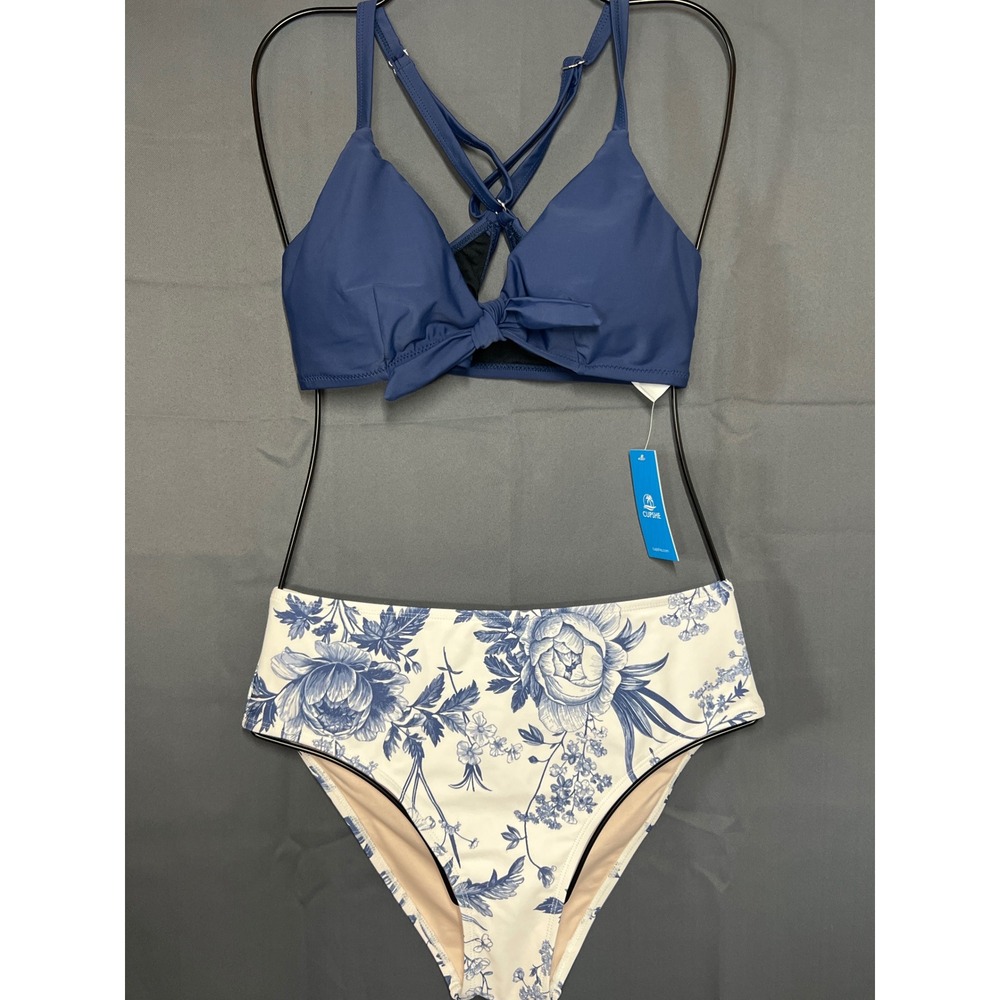 Cupshe Navy Blue Tie Front High Waisted Floral Bikini Set Size M